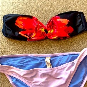 Navy bandeau swim top, floral design